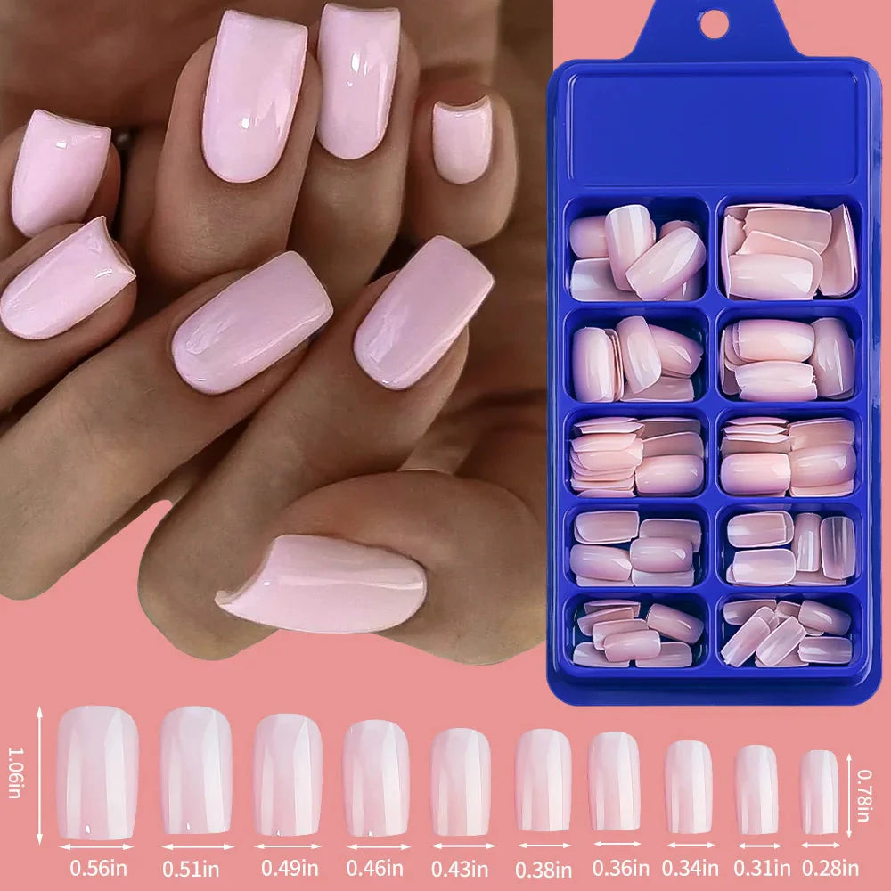 Showlu Fashion Store pink and white press-on nails with medium trapezoid acrylic tips, 100-piece set for easy manicure.