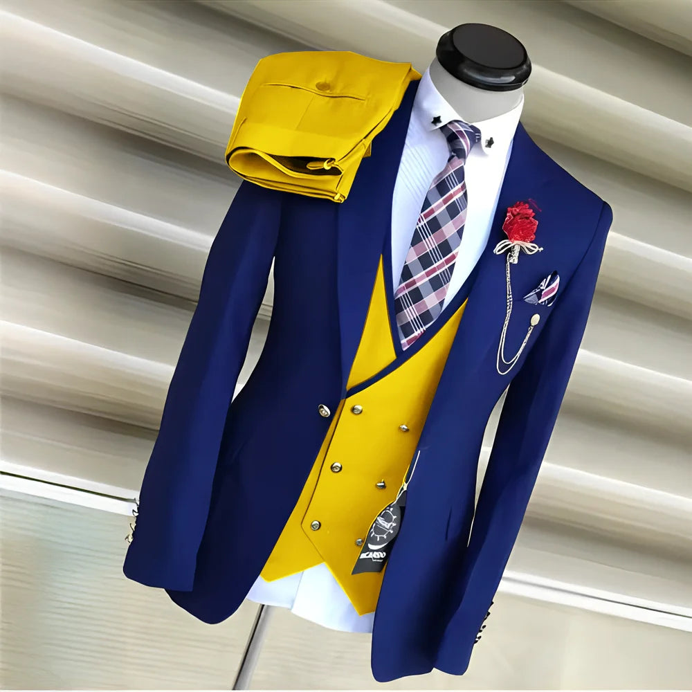 Royal blue men's 3-piece suit with yellow tuxedo jacket, pants, and vest for wedding groom, stylish Showlu Fashion Set