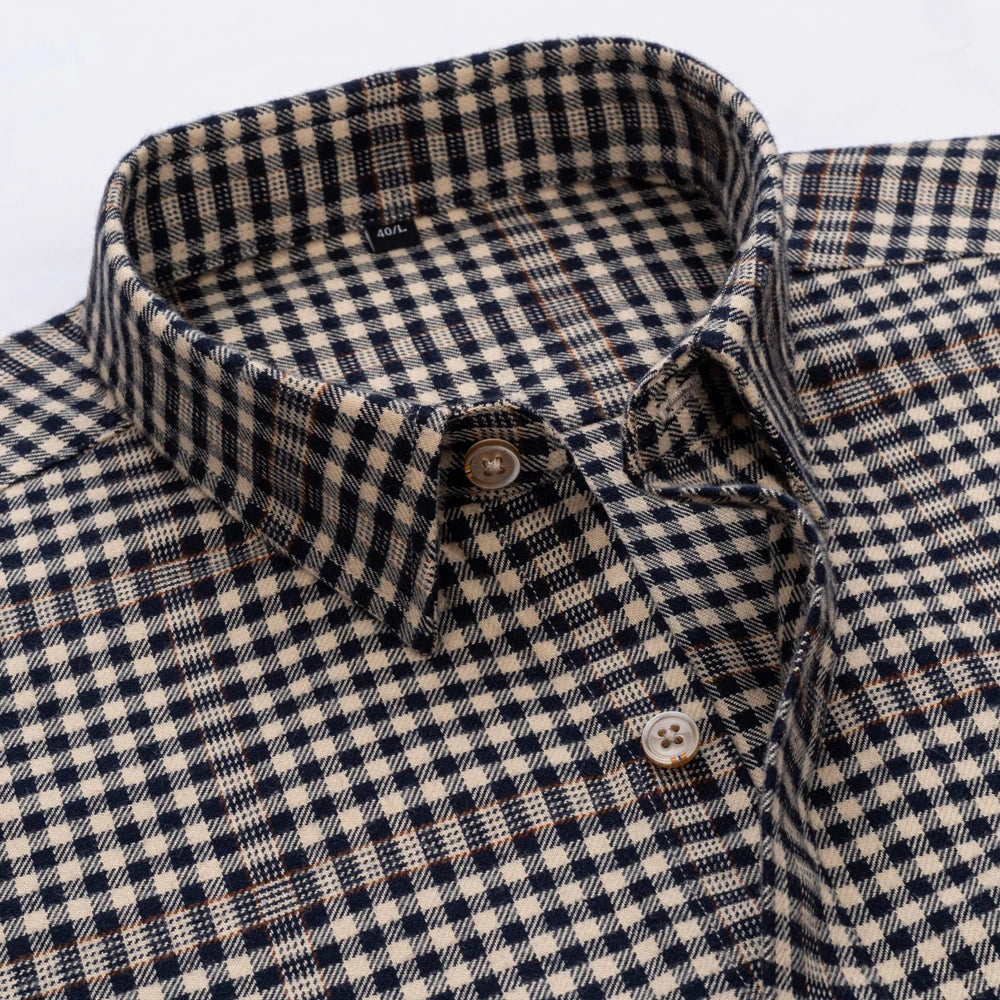 Men's flannel long sleeve cotton shirt with plaid pattern, soft brushed fabric, casual fit, in classic England style by Showlu Fashion.
