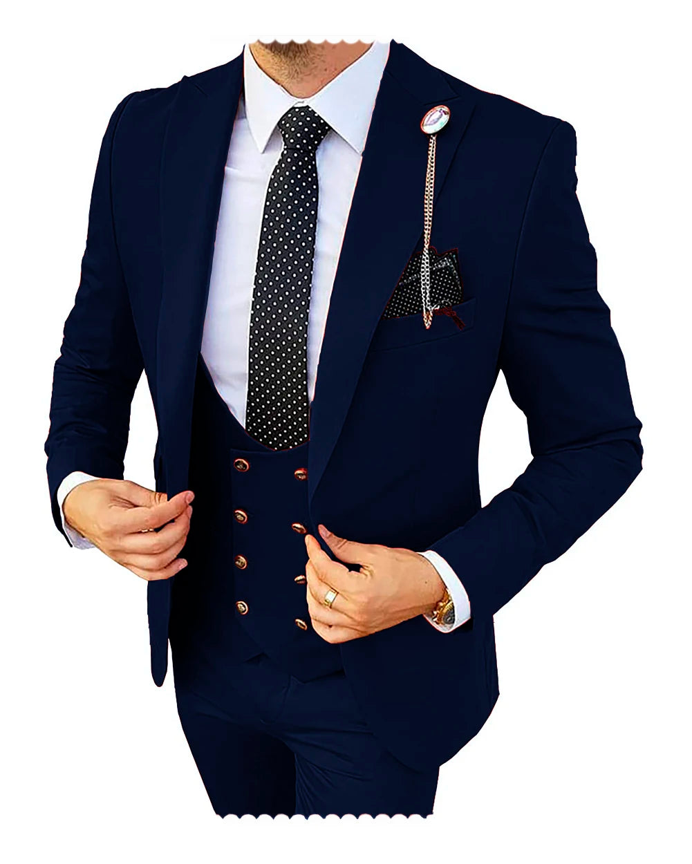Formal men's 3-piece wedding suit by Showlu Fashion with champagne color blazer, vest, and pants, slim fit tuxedo for groom.