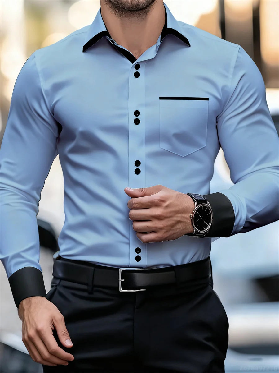 Men's black and white color block collar long sleeve shirt with slim fit, wrinkle-free patchwork design, stylish men's fashion top.