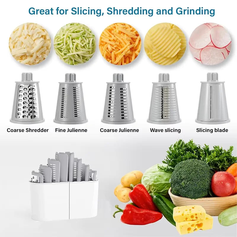 Showlu 5-in-1 rotary cheese grater and stainless steel manual food slicer with multiple blades for versatile kitchen use.