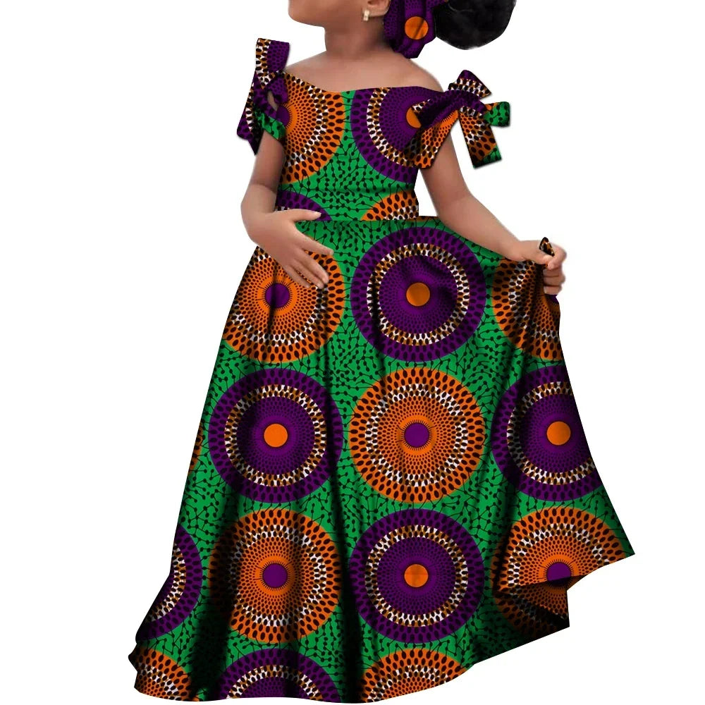 African Dashiki cotton girls' dress with matching headscarf, vibrant traditional print, by SHOWLU FASHION STORE