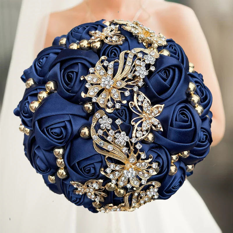 Navy silk rose wedding bouquet with artificial flowers, 20cm size, showcasing elegant silk floral design for special occasions.