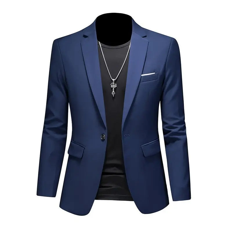 Men's slim fit single-breasted business blazer by SHOWLU FASHION, in size M to 6XL, dark tailored blazer with lapel collar and pocket details.