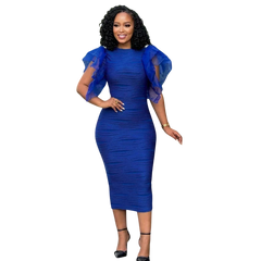 A woman wears a royal blue, mid-calf bodycon dress with a round neckline and ruffled sleeves.