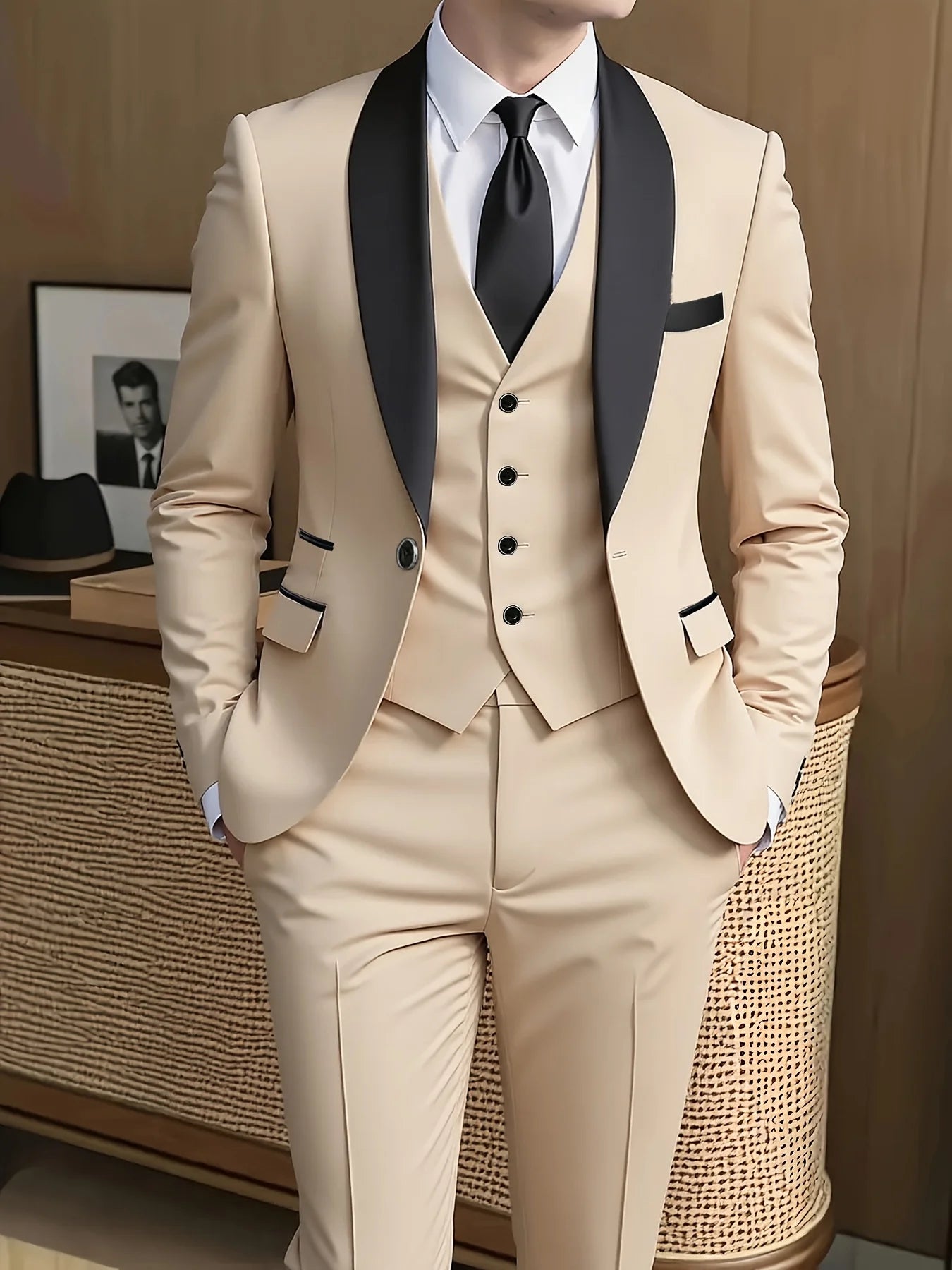 Men's 3-piece suit, green fruit collar, large suit, suit pants, formal tie, wedding dress, vest, work uniform, holiday gift.