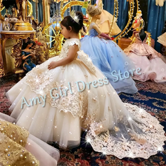 Customized Champagne Flower Girl Dresses For Wedding Appliques With Bow Elegant Princess Birthday Party First Communion Gown