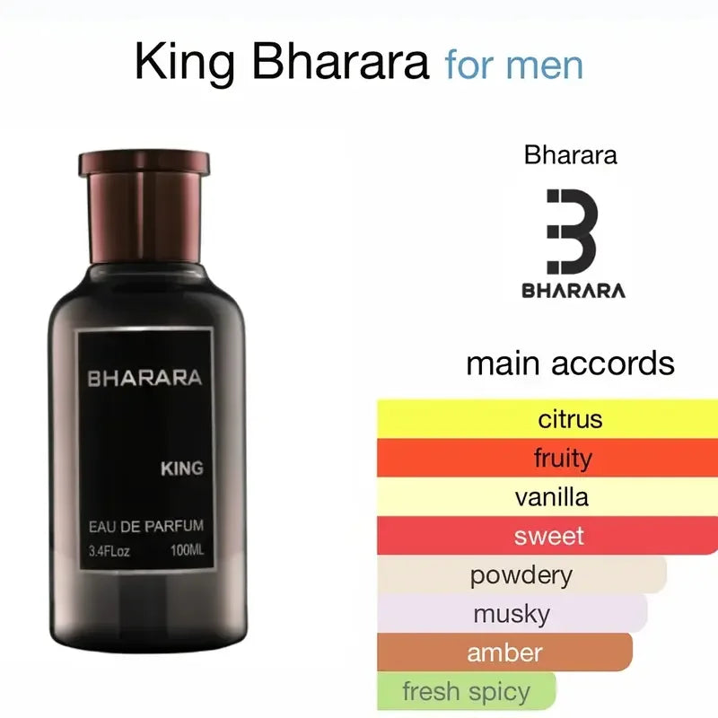 Bharara King men's Eau de Parfum 3.4oz bottle featuring citrus and musk fragrance, shown in a sleek glass design