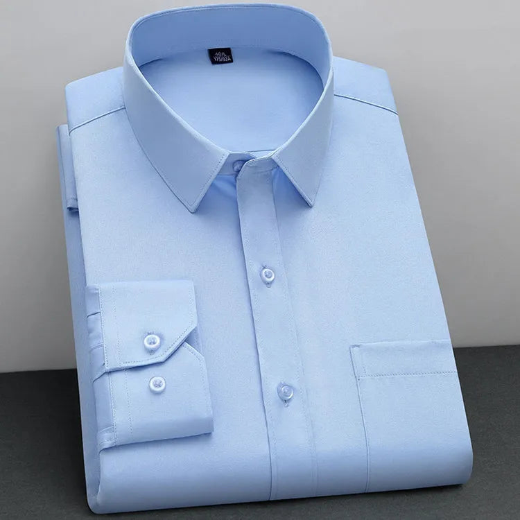 Showlu Fashion men's BAMBOOPLE non-iron long sleeve shirt in solid classic style, featuring anti-wrinkle, soft casual business wear