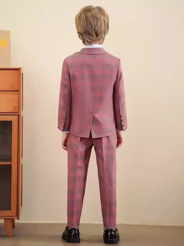 Red boys' tuxedo suit featuring a 3-piece set with jacket, vest, and pants for kids' weddings or parties, by SHOWLU FASHION STORE.