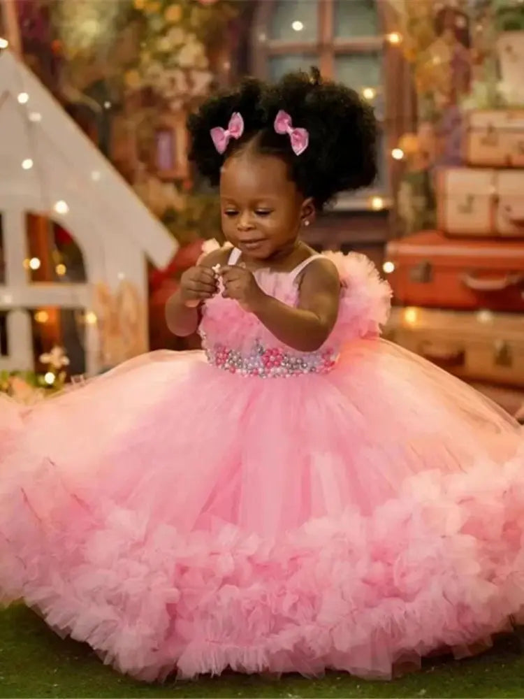 Lovely Pink Customized Flower Girl Dress For Wedding Sleeveless With Bow Beading Puffy Kids Birthday Party First Communion Gown