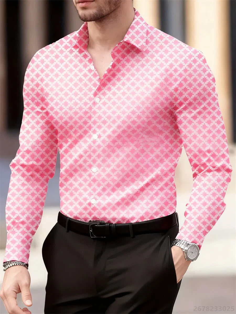 Men's long sleeve plaid shirt in 14 colors featuring high-definition geometric pattern, breathable fabric, casual and business wear.
