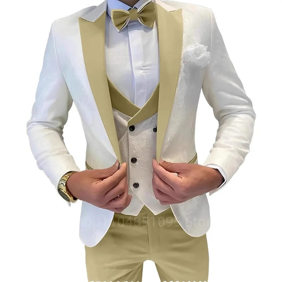Elegant men's formal suit by Showlu Fashion with jacquard fabric, including blazer, vest, and pants for wedding or business occasions.