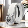 White men's belt with automatic buckle, suitable for business and casual wear, ideal formal gift for husband or father.