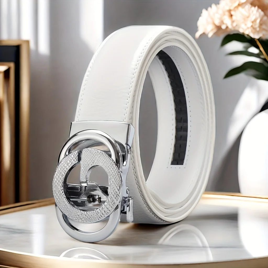 White men's belt with automatic buckle, suitable for business and casual wear, ideal formal gift for husband or father.