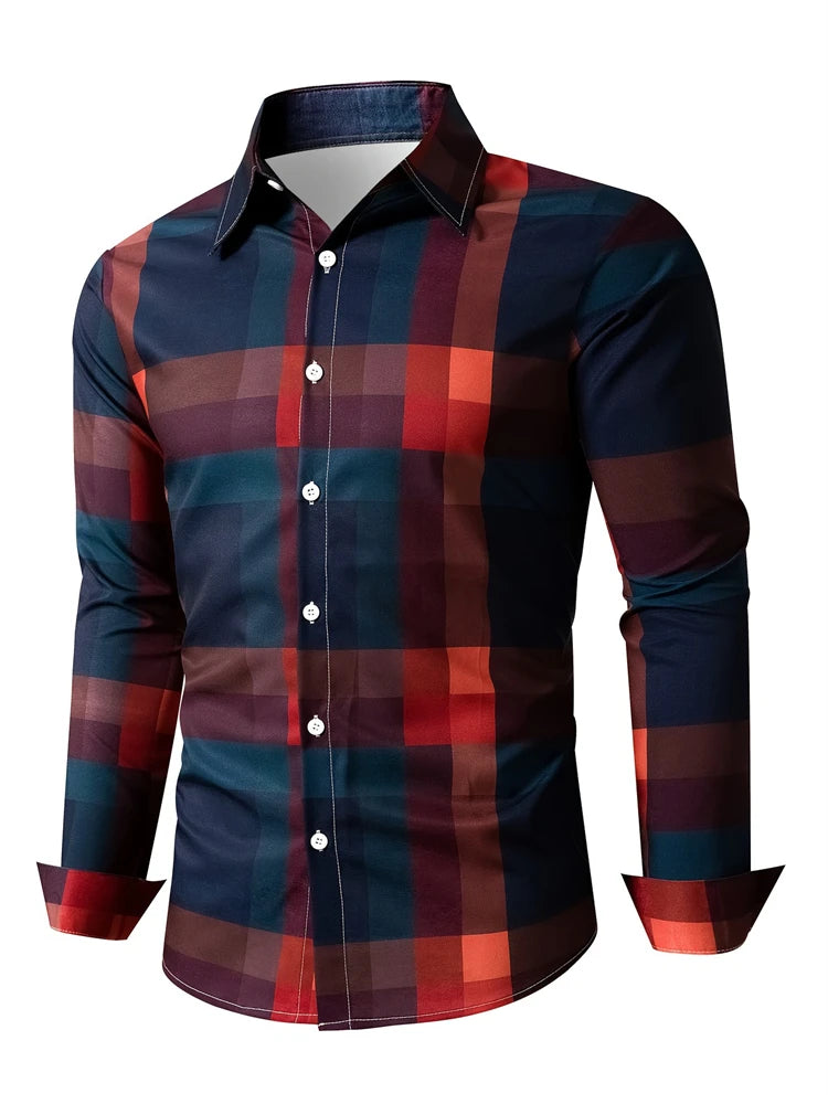 Mens long sleeve shirt with square stripe 3D print, button-down autumn casual animal pattern, Showlu Fashion brand.