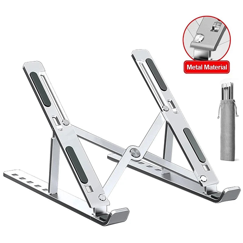 Showlu Aluminum Laptop Stand, foldable 6-level ergonomic riser for adjustable laptop elevation and improved workspace comfort.