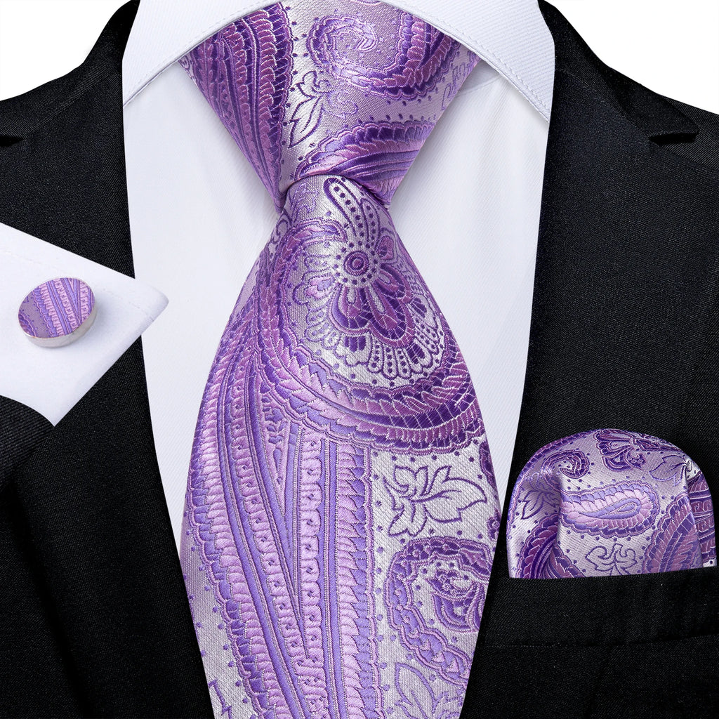 DiBanGu Ties For Men Purple Floral Paisley Necktie Business Formal 100% Silk Tie Pocket Square Set For Wedding Party Cravat