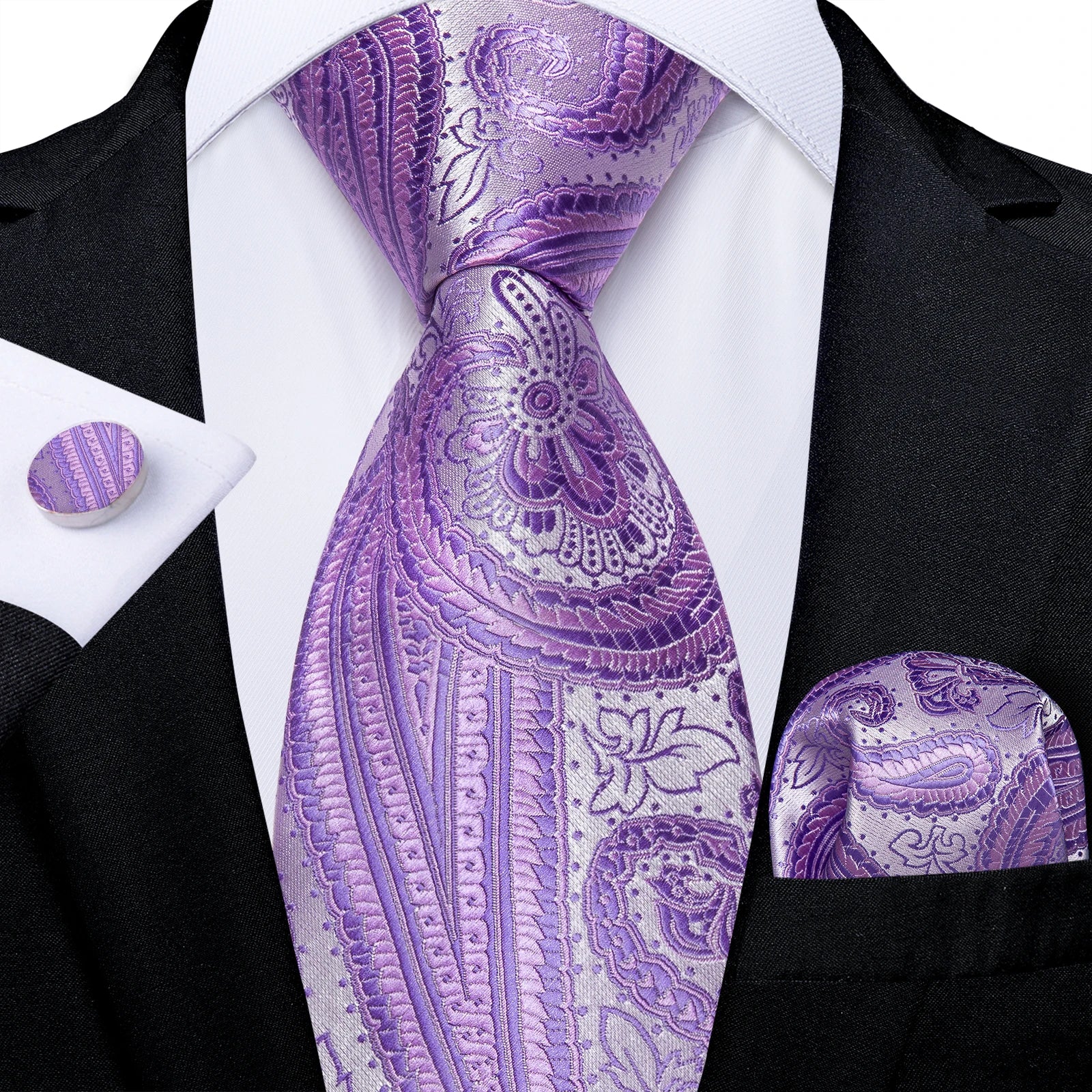 DiBanGu Ties For Men Purple Floral Paisley Necktie Business Formal 100% Silk Tie Pocket Square Set For Wedding Party Cravat