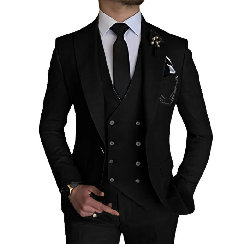 Men's three-piece business casual suit set by Showlu Fashion, featuring a jacket, vest, and trousers for formal or host occasions.