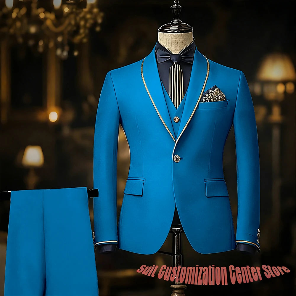 Navy blue men's wedding tuxedo with jacket, vest, and pants, slim fit, single-breasted, shawl lapel, groom prom suit, Showlu Fashion