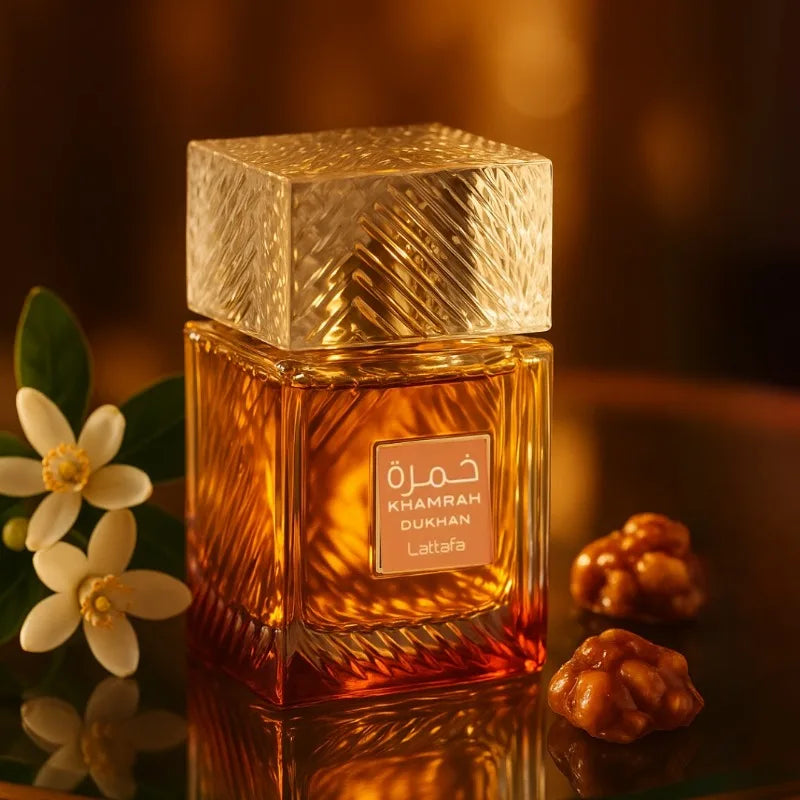 Lattafa Khamrah Dukhan unisex Eau de Parfum 100ml bottle, showcasing sleek design and elegant scent profile.