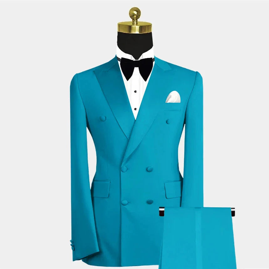 Men's blue double-breasted wedding suit by Showlu Fashion, slim fit 2-piece formal attire, tailored with lapels and matching trousers.
