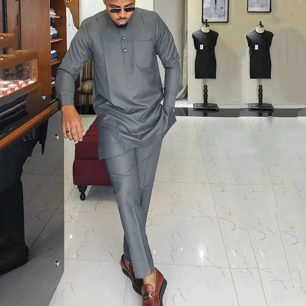 SHOWLU Men's African Kaftan Tracksuit with embroidered details, 2-piece suit set, traditional and stylish for special occasions.