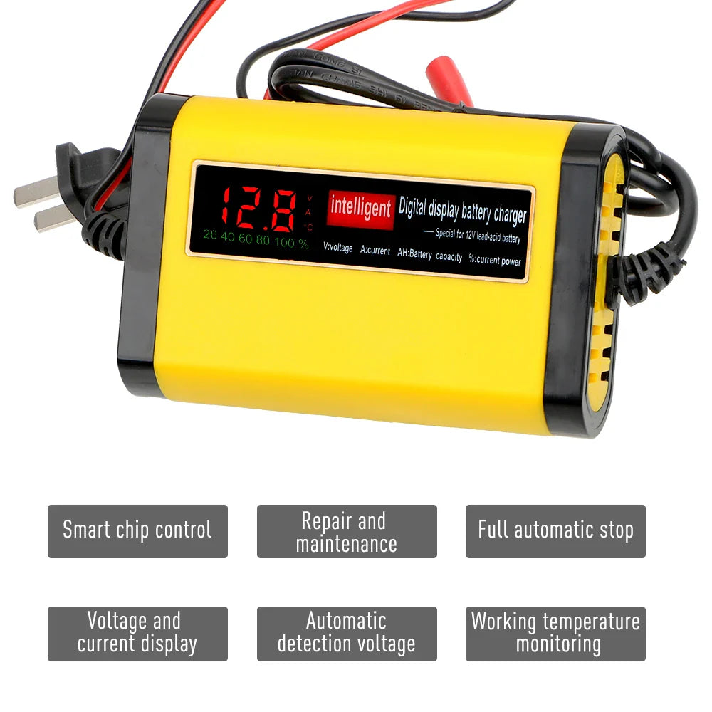 Showlu 3-Stage Automatic Car Battery Charger with digital LCD display, designed for efficient vehicle battery maintenance