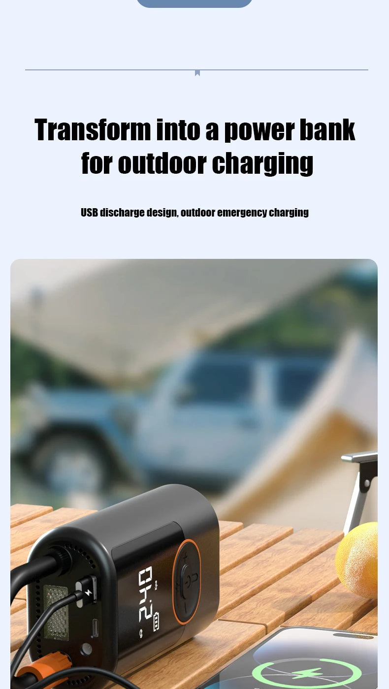 Showlu Smart General portable digital air compressor tire inflator, 12V wireless device with digital display for quick inflation.