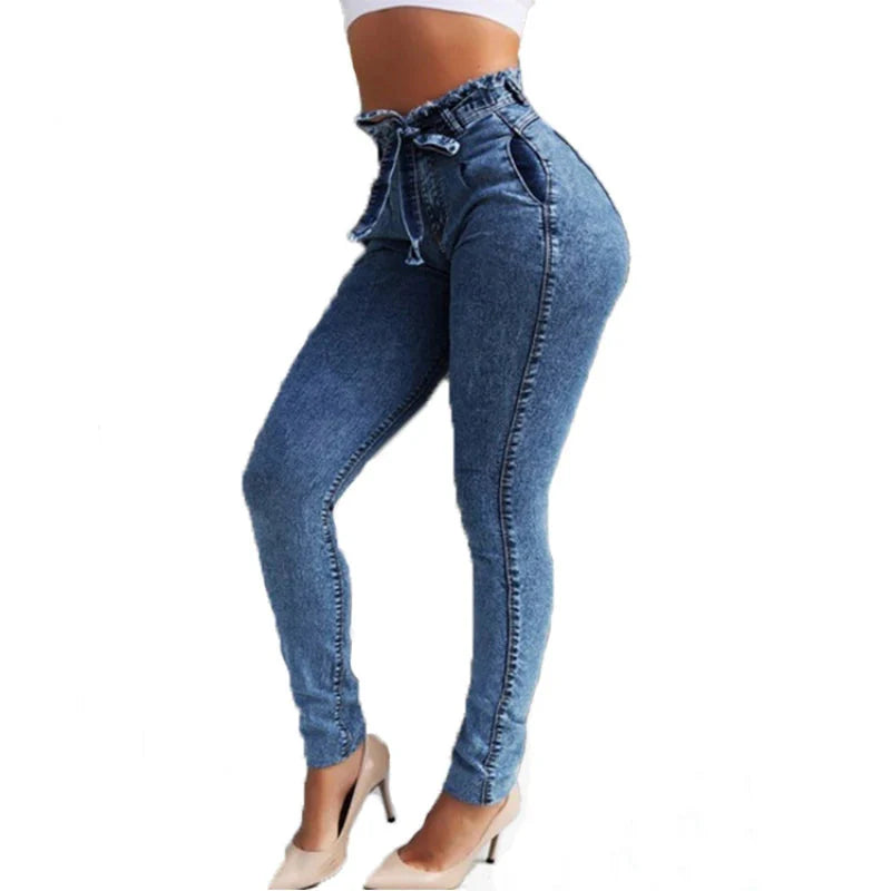High waist skinny jeans for women in stretch denim, showing a close-up of the fitted pencil pants style.