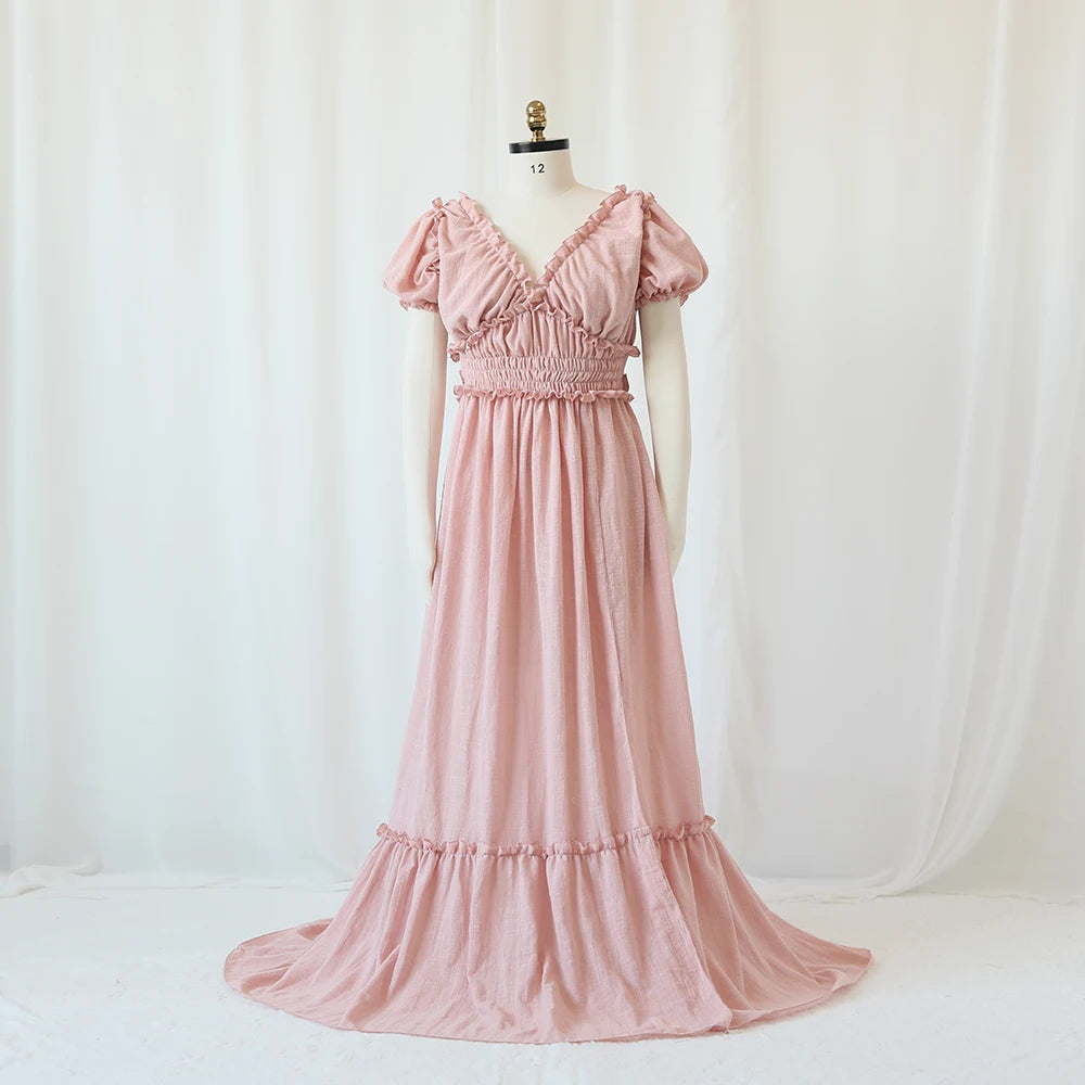 Showlu Bohemian maternity maxi gown with off-shoulder ruffled design, perfect for photos and special occasions.