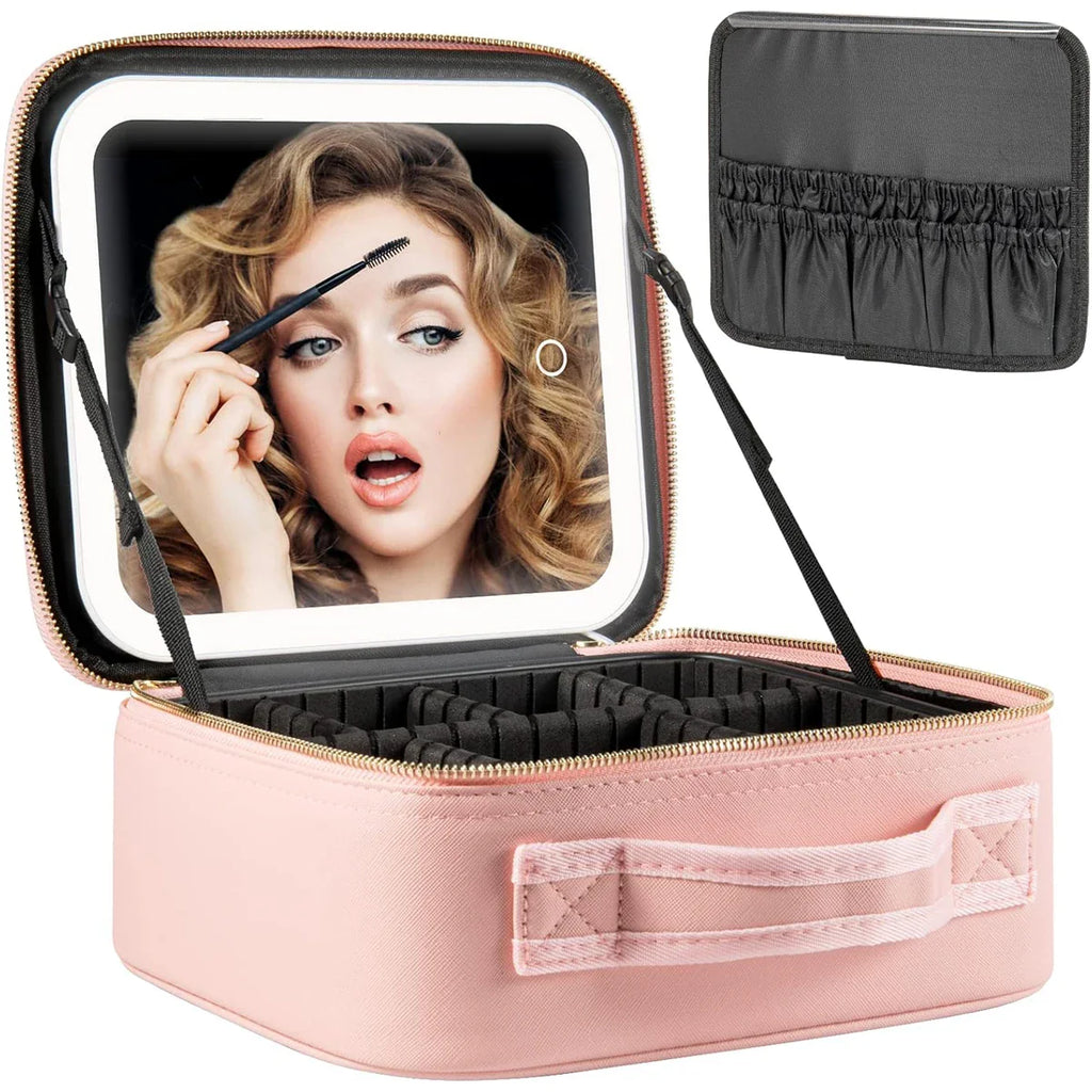 SHOWLU makeup bag with LED mirror and large zippered compartments, designed for travel cosmetic organization.