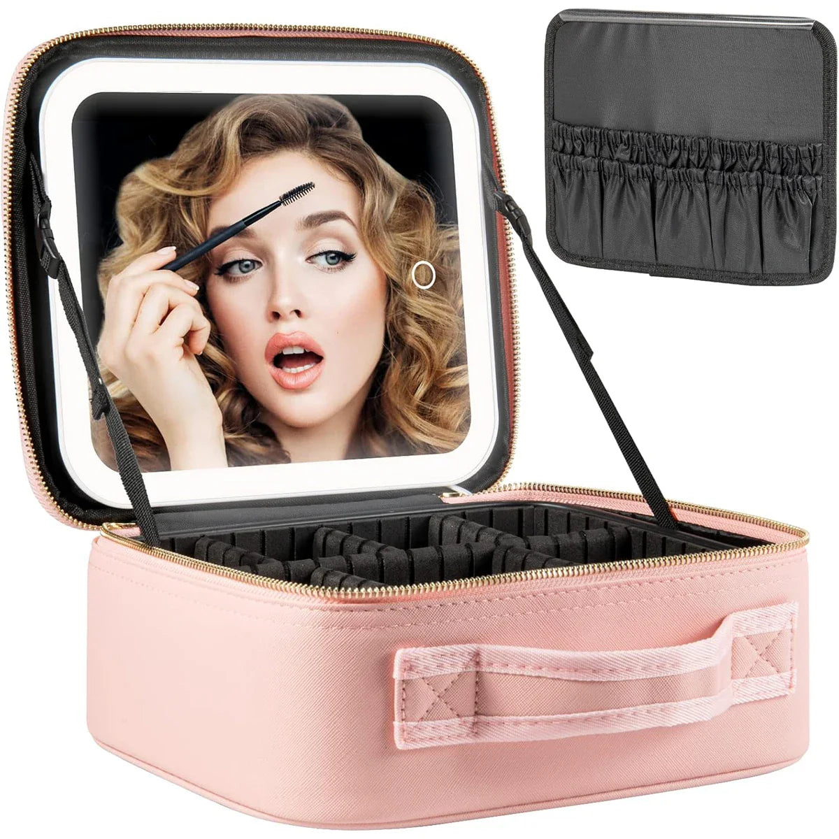 SHOWLU makeup bag with LED mirror and large zippered compartments, designed for travel cosmetic organization.