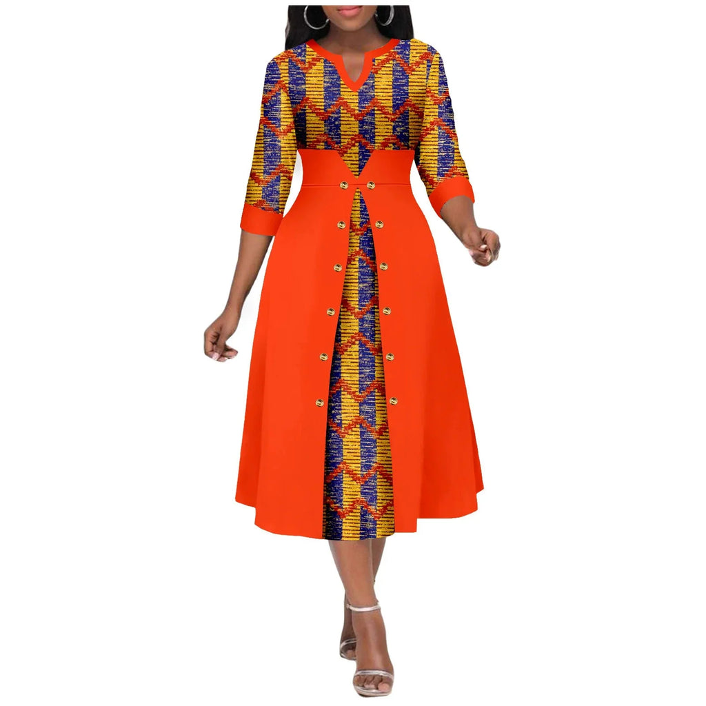 Women's Ankara print V-neck dress by SHOWLU FASHION STORE featuring cotton fabric and an A-line midi skirt design.
