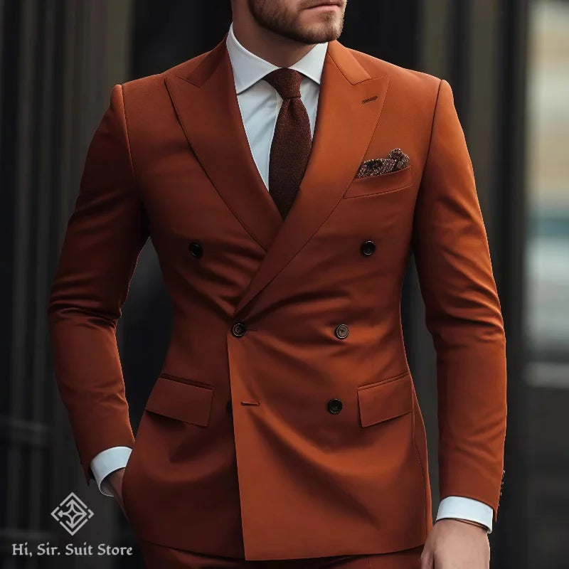 Slim-fit men's double-breasted blazer suit set with pants, ideal for weddings, reunions, or formal events, shown on a model.