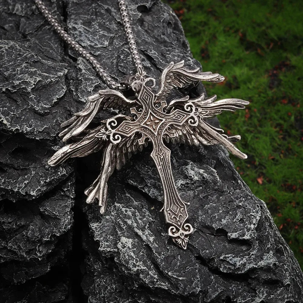 Retro Gothic Jesus wings cross pendant necklace made of zinc alloy with intricate design, featuring a religious symbol and gothic style.
