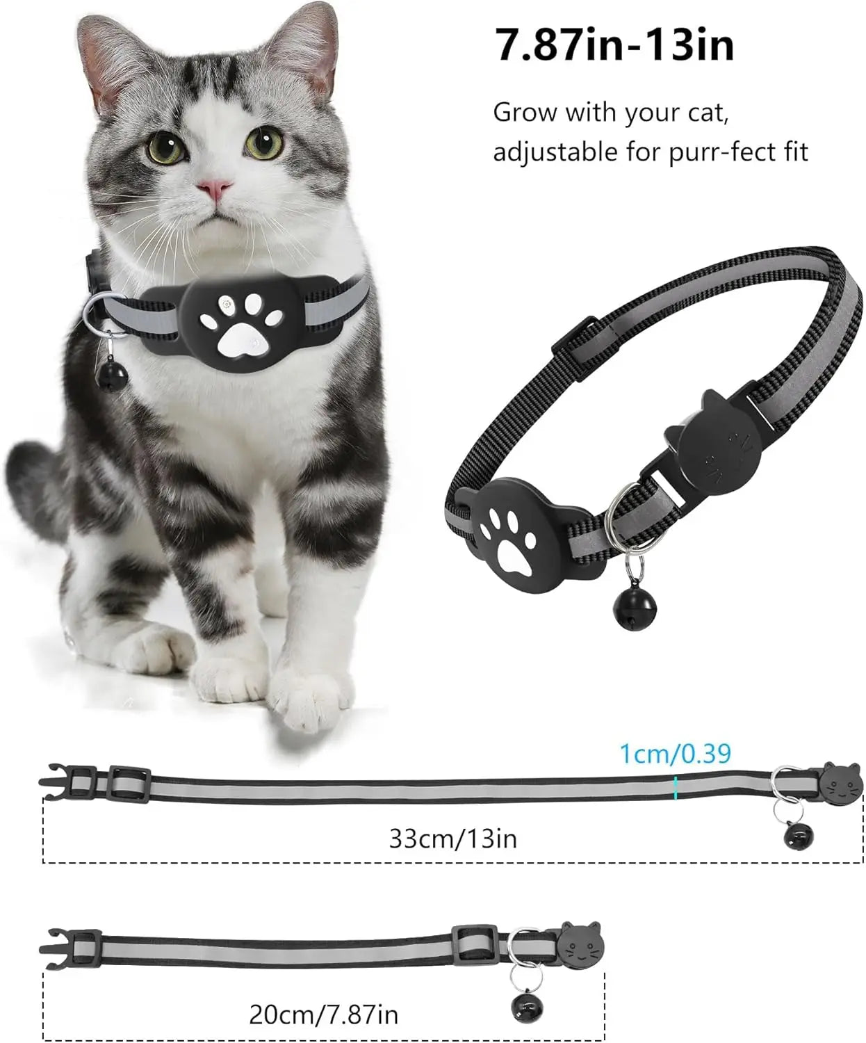 Leapii Bluetooth pet tracker for Android, mini GPS cat collar locator with Showlu Fashion branding, showing the device and collar.
