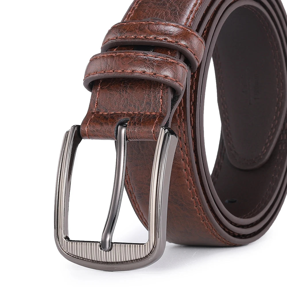 Showlu men's split leather belt with casual cowhide design and pin buckle, showcasing its durable leather strap and stylish buckle detail.
