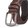 Showlu men's split leather belt with casual cowhide design and pin buckle, showcasing its durable leather strap and stylish buckle detail.