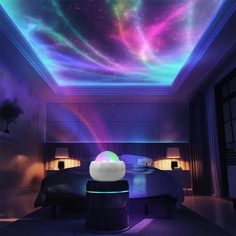 Showlu Smart Aurora Borealis Projector displaying colorful northern lights on a dark room wall