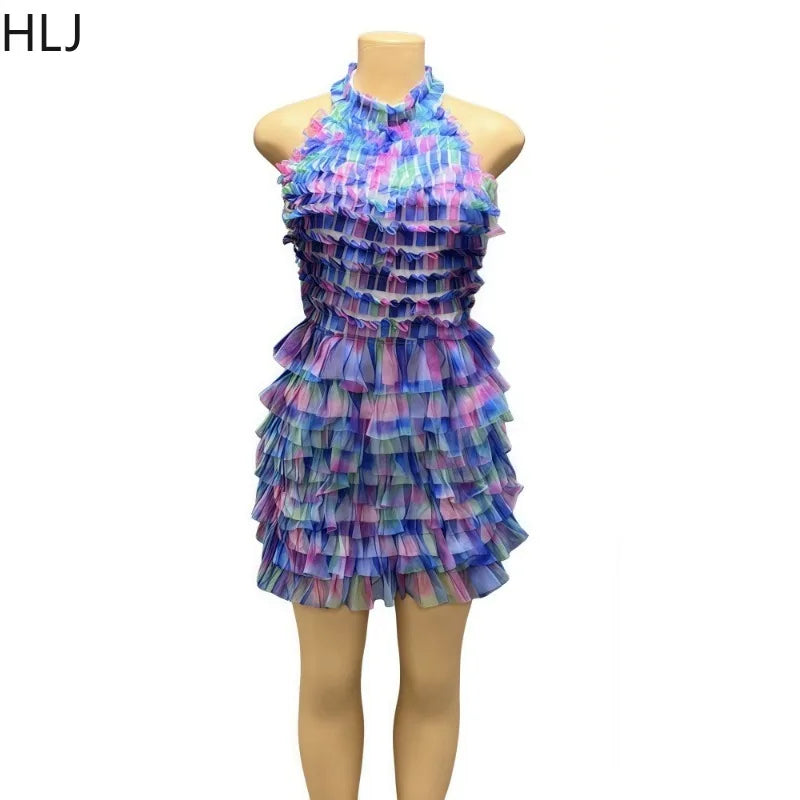 Showlu Fashion mesh ruched patchwork bodycon dress for women featuring gradient halter backless design, perfect for summer streetwear.