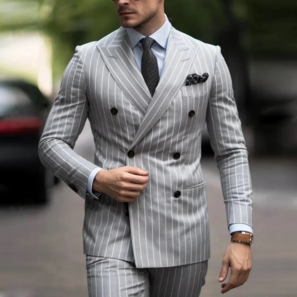 Elegant Stripe Men Suit Business Prom Male Tuxedos Groom Groomsman Wedding Party Formal 2 Piece Set (Blazer+Pants)