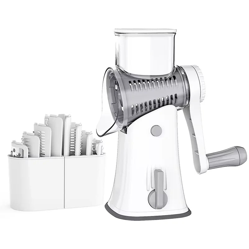 Showlu 5-in-1 rotary cheese grater with stainless steel blades, manual food slicer, versatile kitchen tool for cheese and vegetables