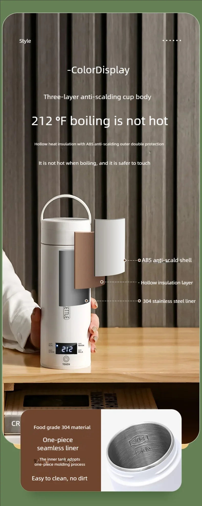 Showlu Smart General JFBONIN mini stainless steel electric kettle with a sleek design, compact size, and ergonomic handle.