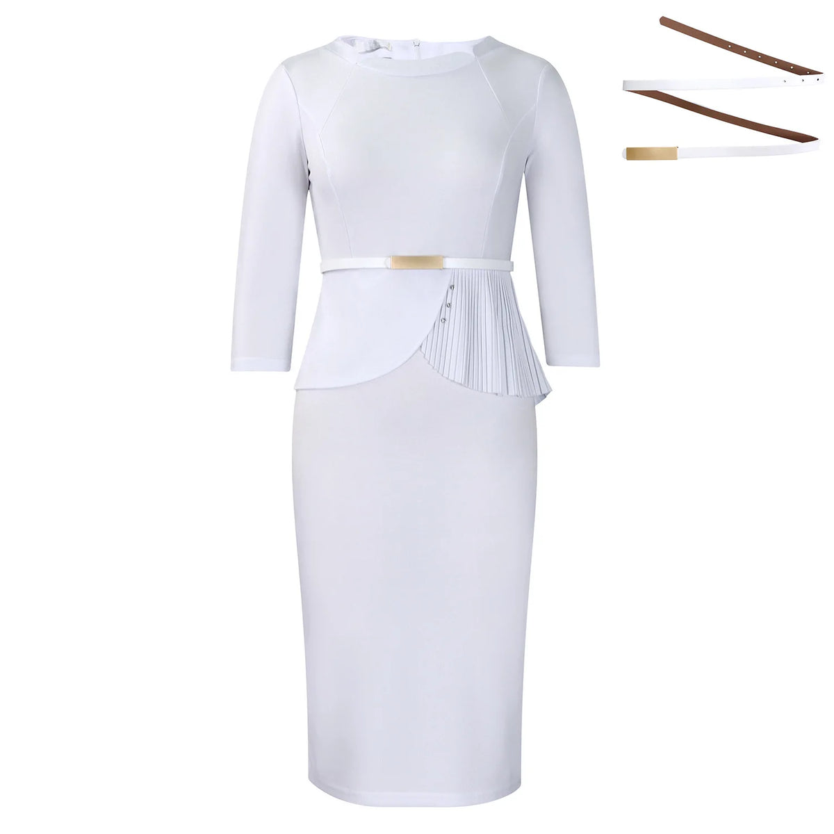 Women’s plus size spring autumn casual dress with retro elegant O-neck, high waist, 3/4 sleeves, suitable for office and party wear.