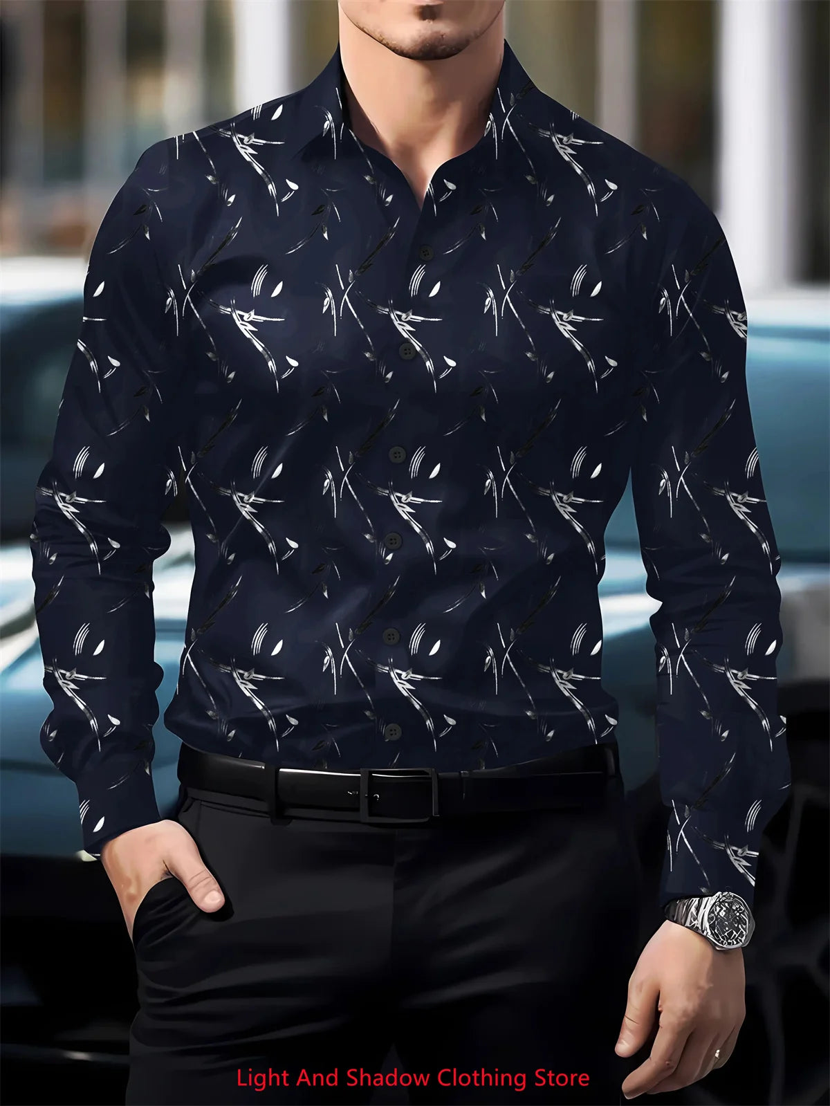 Showlu men's printed silk casual shirt with long sleeves, button-up front, and lapel collar, stylish and comfortable for everyday wear.