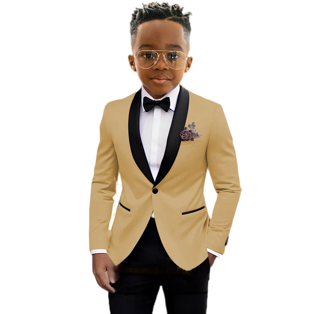 Child boy's formal blazer and pant suit set for wedding, stage performance, or birthday, suitable for ages 2 to 16 years.