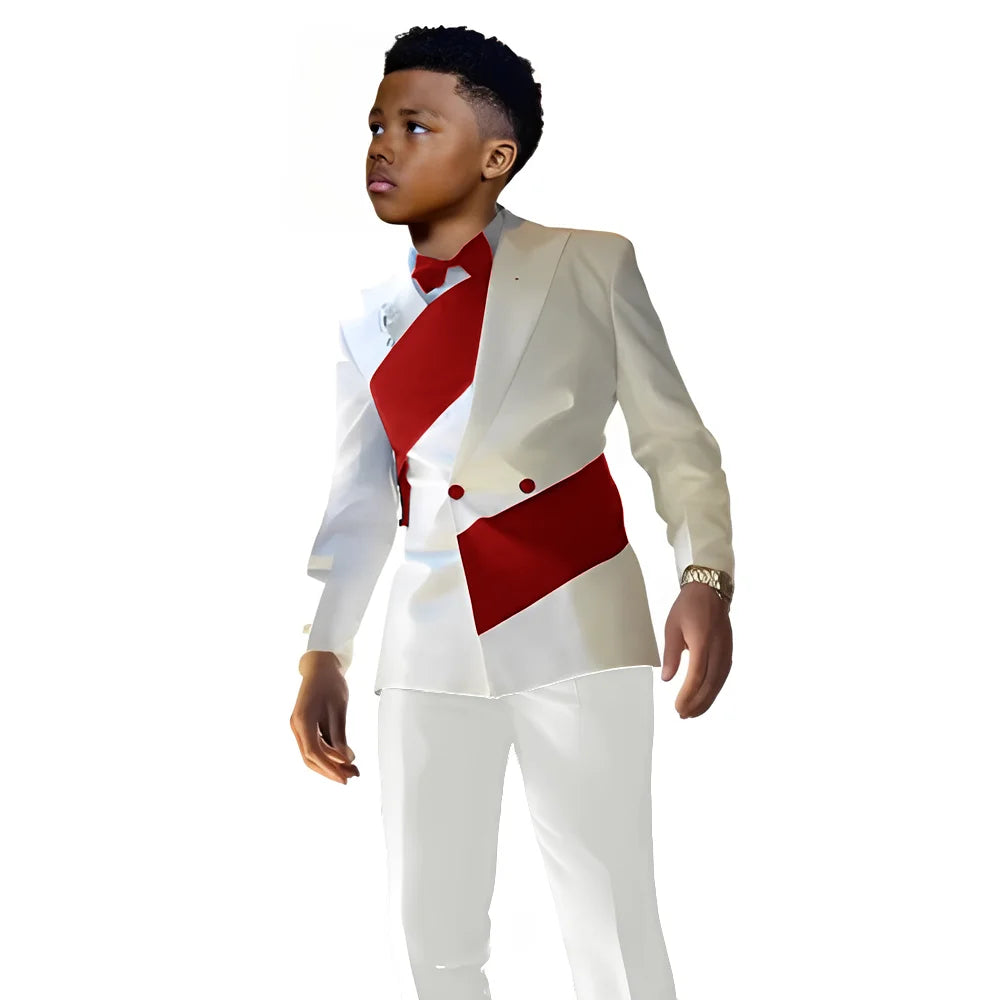White satin boys' suit 2-piece set with blazer and pants, tailored wedding tuxedo for kids ages 2-16, slim fit from Showlu Smart General.